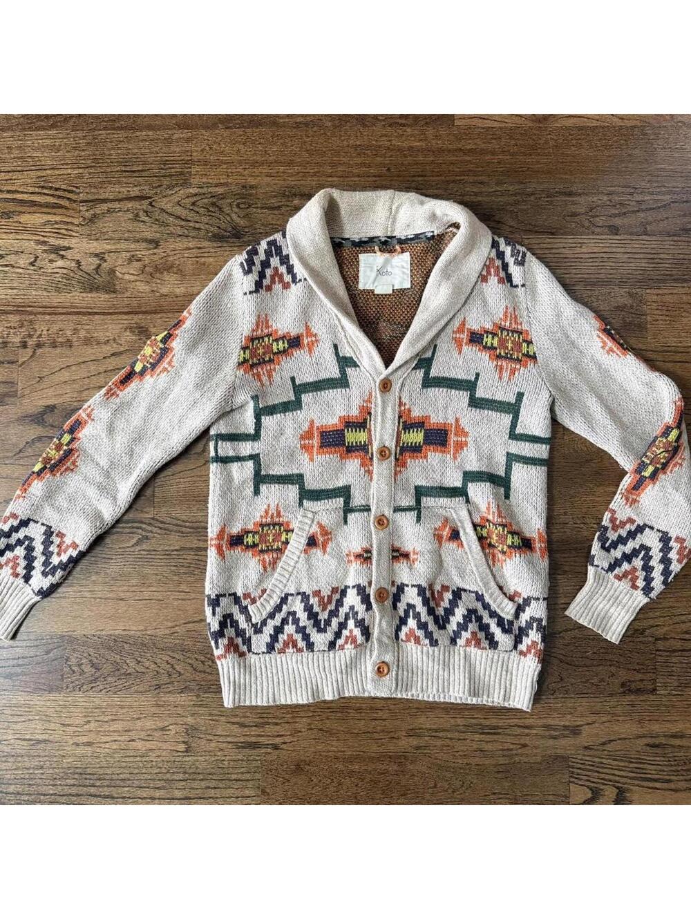 🧶 Urban Outfitters Southwestern Shawl Cardigan — Cream Multi — Men’s S/M - Picture 2 of 6